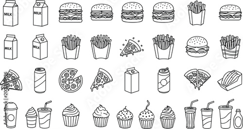 Fast Food and Beverage Collection with Burgers, Pizza, Fries, Milk, Soda, Cupcakes, and Drinks for Junk Food Illustrations
