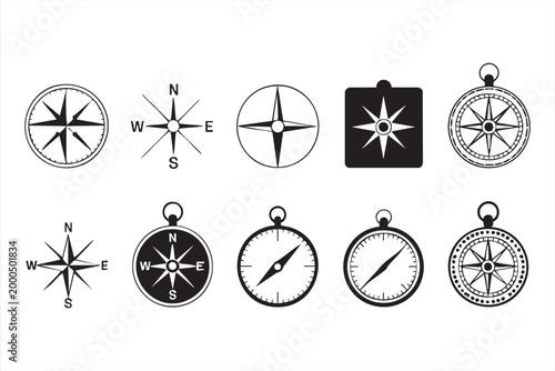 Compass Navigation Icons for Travel Direction and Route Planning