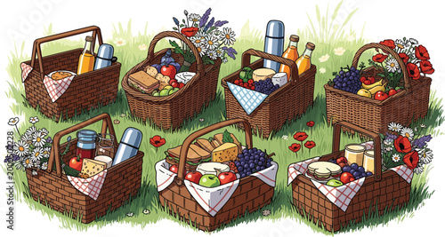 Picnic Basket Set with Fruits, Cheese, Sandwiches, Drinks, and Flowers for Outdoor Dining and Summer Enjoyment Illustrations