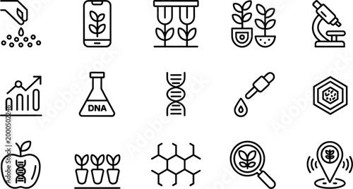 Agricultural Biotechnology and Plant Science Line Icon Set with DNA, Crop Growth, Laboratory Research, Genetic Engineering and Sustainable Farming Symbols Vector Illustration
