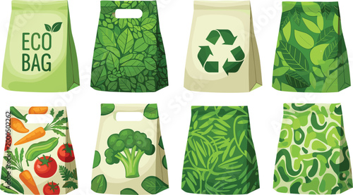 Eco-Friendly Shopping Bag Set with Green Leaves, Recycle Symbols, and Vegetable Designs for Sustainable Lifestyle Illustrations
