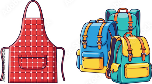 Apron and Backpack Collection with Colorful Designs for Cooking, School, and Travel Illustrations