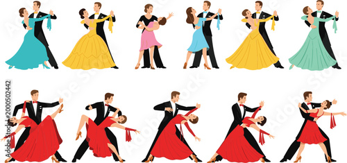 Ballroom dance couples collection with elegant dancers in colorful dresses performing waltz tango and ballroom styles cartoon vector illustration set isolated on white