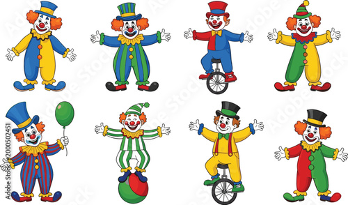 Clown characters collection with circus performers in colorful costumes juggling and unicycle cartoon vector illustration set isolated on white background