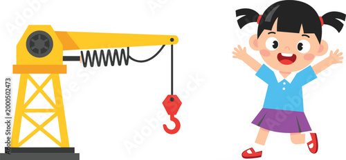 Cartoon construction crane with hook and happy little girl character playful vector illustration isolated on white background for kids and industry design