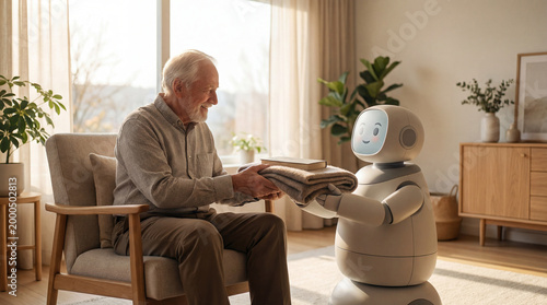 Home service robot assisting elderly man with daily comfort