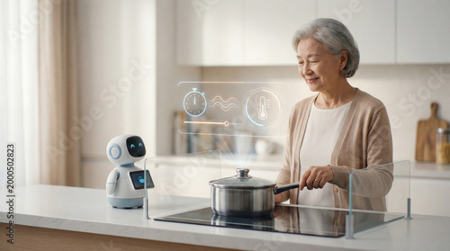 Home service robot assisting elderly man with daily comfort