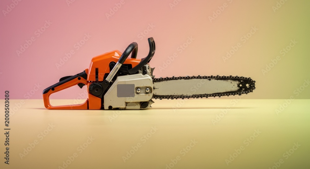 Naklejka premium Orange chainsaw on table top.