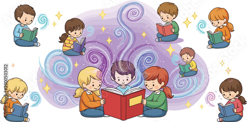 Kids reading books with magical imagination swirl storytelling concept cartoon vector illustration set isolated on white background for education design
