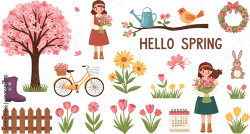 Spring Season Icon Set with Flowers, Bicycle, Girl Holding Bouquet, Bunny, Tree, and Seasonal Decorations for Springtime Illustrations