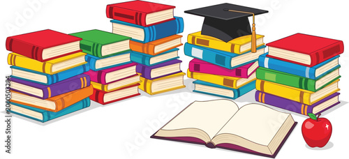 Education and Study Icon Set with Stacked Books, Graduation Cap, Open Book, and Apple for School and Learning Illustrations
