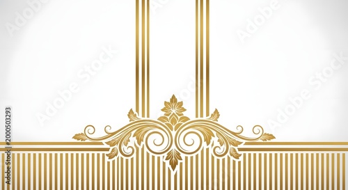 Ornate gold floral filigree decorative element centered against a striped pattern featuring elegant swirly leaf motifs and vertical lines designed for luxury invitation cards or formal event
