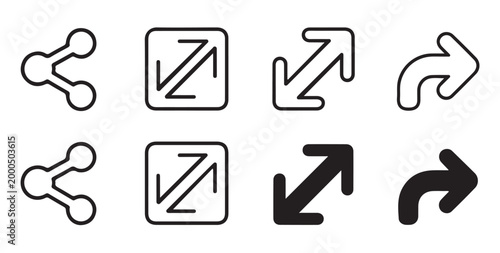 Interface communication icon set with share connectivity and diagonal expansion arrow sign.