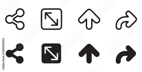 User interaction symbol set featuring share node full screen expansion and upload arrow up.