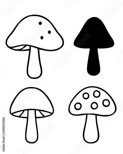 Mushroom icon set minimalist, in outline and silhouette design