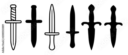 Minimalist dagger icon set, in outline and silhouette design