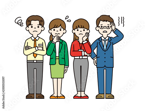 困る・悩む・考える表情の、複数の若い男女のビジネスパーソンの全身ベクターイラスト素材セット