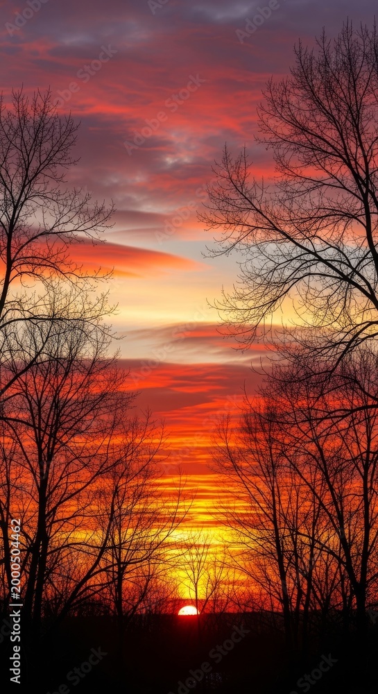 Naklejka premium Winter Trees Silhouetted Against Vibrant Sunset Sky