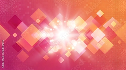 Abstract glowing diamond shapes with bokeh effects and pixel grid texture in vibrant pink and orange hues