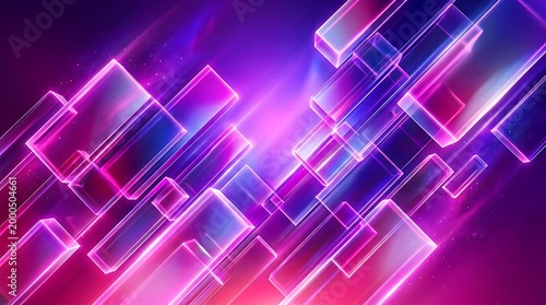 Abstract glowing geometric shapes with neon pink and purple lighting effects creating a futuristic digital background