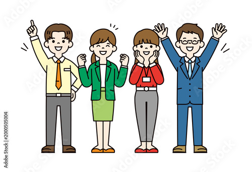 大喜びする、オフィスで働く若い男女の会社員・従業員・スタッフの全身ベクターイラスト素材セット