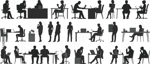Black silhouettes of office workers at desks, laptops, phones, meetings, remote work scenes