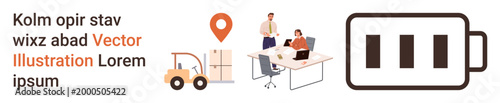 Warehouse management, logistics, team collaboration, energy efficiency, supply chain, operations. Forklift, coworkers at desk location pin battery icon. Logistics and energy efficiency concept