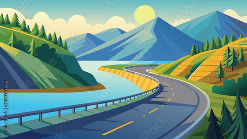 vector illustration of winding road through mountainous landscape with clear sky high quality professional detailed modern elegant stylish clean crisp vibrant