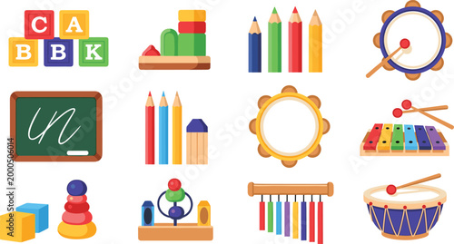 Educational Toy Set with Building Blocks, Crayons, Chalkboard, and Musical Instruments for Children