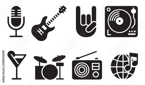 Εκτύπωση καμβά Music equipment and symbols microphone guitar DJ deck record player and cocktail