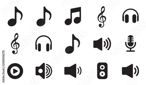 Bild auf Leinwand Set of music and sound icons including notes headphones and microphones