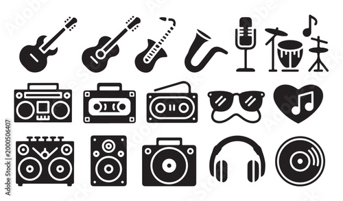 Collection of musical instruments and audio equipment icons for music lovers.