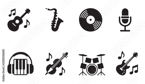 Set of black music instrument icons including guitars saxophone vinyl records microphones.