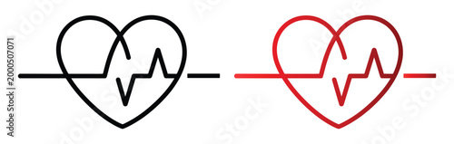 Heartbeat line icons with cardiograph waveform in black and red on white