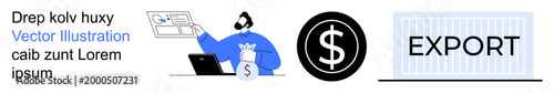 Finance, exports, logistics, e-commerce, trade, and foreign investment. Person analyzing financial data with dollar sign and export container. Finance and exports idea
