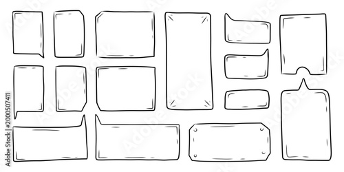 Set of line art comic text frames, backgrounds, and dialogue bubbles. Thick borders in a doodle style, vector graphic design elements.