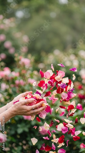 Hand throwing rose petal confetti in garden with blooming flowers  