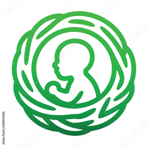 Green silhouette of a baby inside a circular wreath isolated on white background