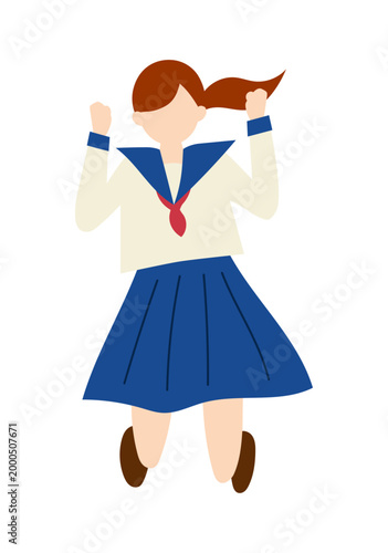 ジャンプする女子学生のフラットイラスト