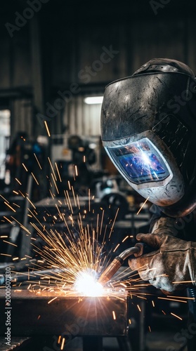 Worker welding metal with sparks flying in industrial workshop  