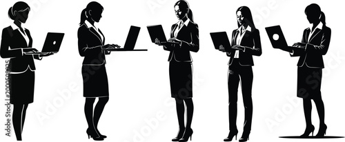Five businesswomen holding laptops and tablets in professional pose