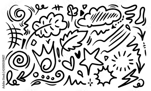 Hand Drawn Abstract Doodle Elements Set with Swirls, Leaves, Clouds and Decorative Shapes