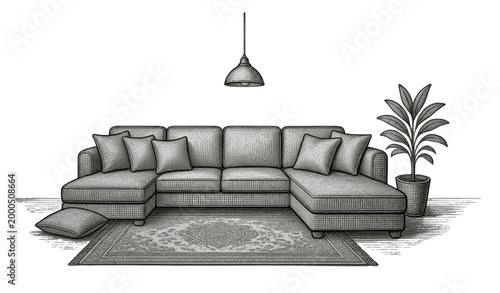 Cozy living room interior continuous one line vector with sectional sofa and decor elements modern linear illustration isolated on white