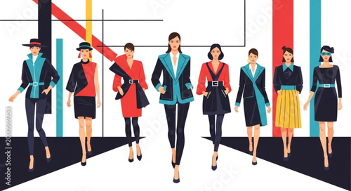Fashionable Women Strutting Down a Runway in Stylish Outfits.