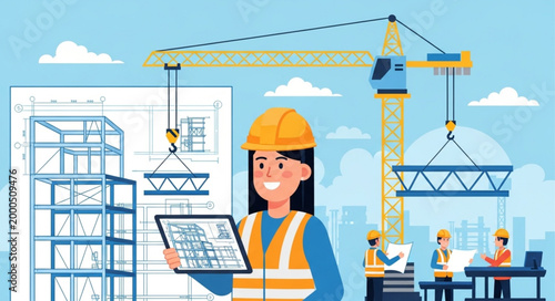 Female construction worker holding tablet with blueprints at building site.