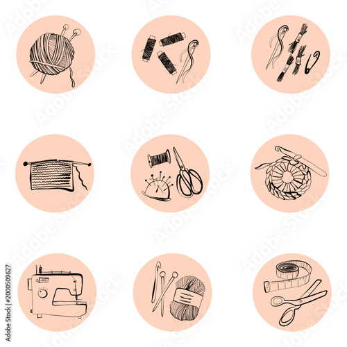 Icons of handmade sewing and knitting tools