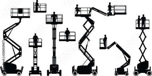 Aerial work platform silhouettes, boom and scissor lift workers vector illustration