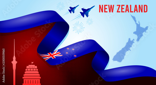 New Zealand Flag Wave Background with Map and Ribbon Style Vector Illustration