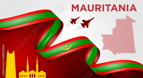 Mauritania Flag Wave Background with Map and Ribbon Style Vector Illustration