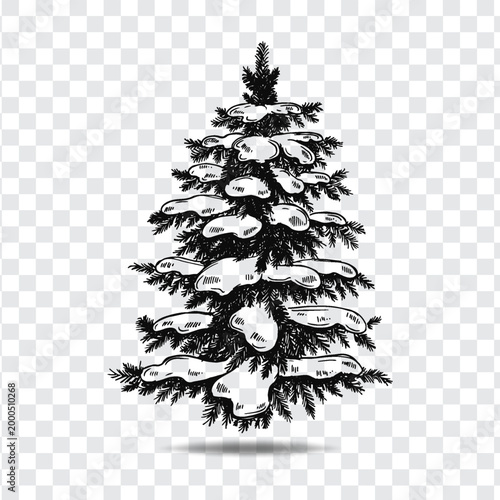 Set of Hand Drawn Vintage Christmas Trees with Ornaments and Snow Sketch